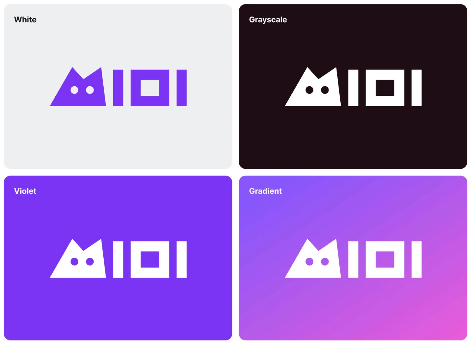 씨미 로고 컬러 규칙 4종. White, Grayscale, Violet, Gradient 배경별 로고 적용 예시.